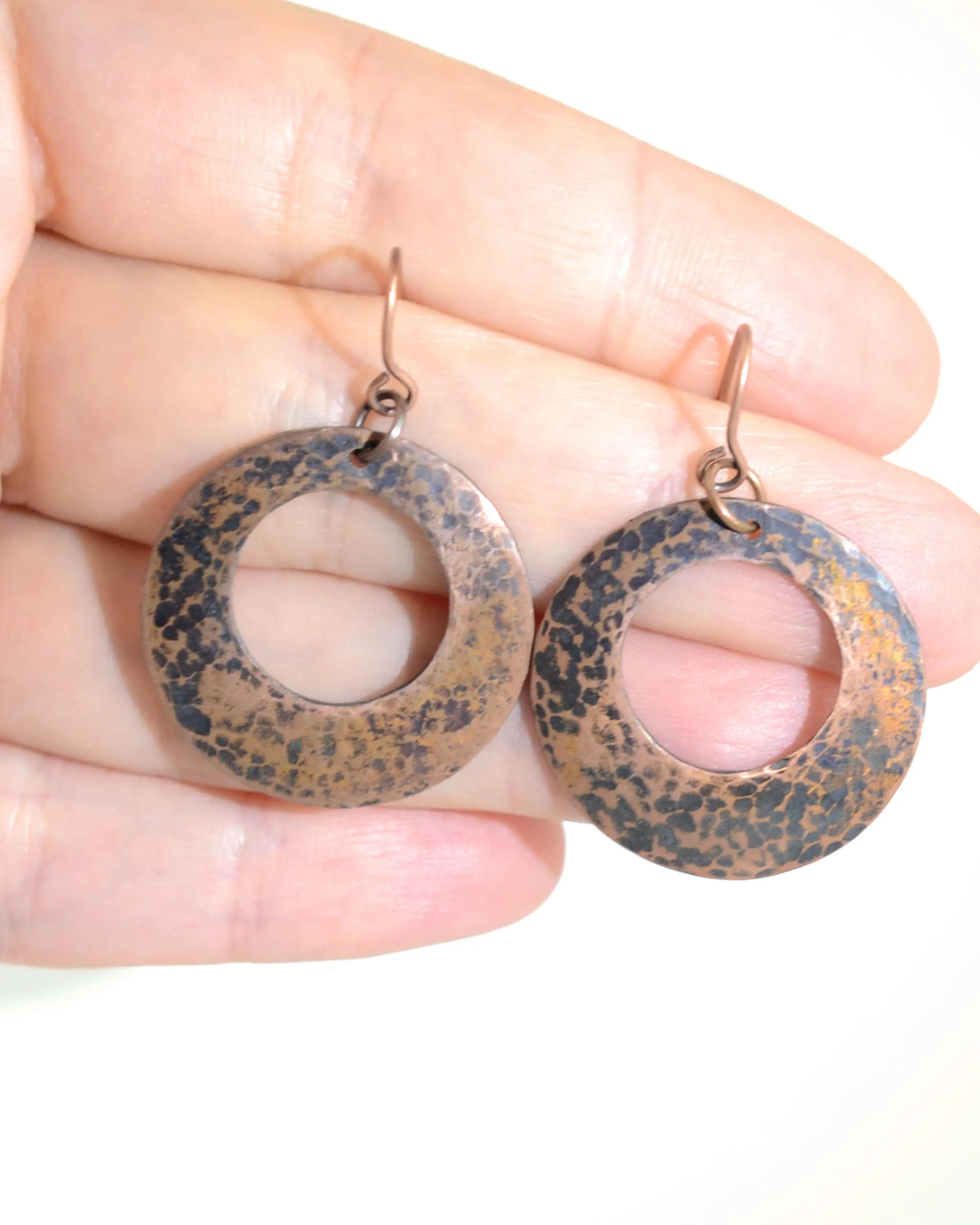 Hammered antique copper hoop earrings, romantic gift, boho copper anniversary