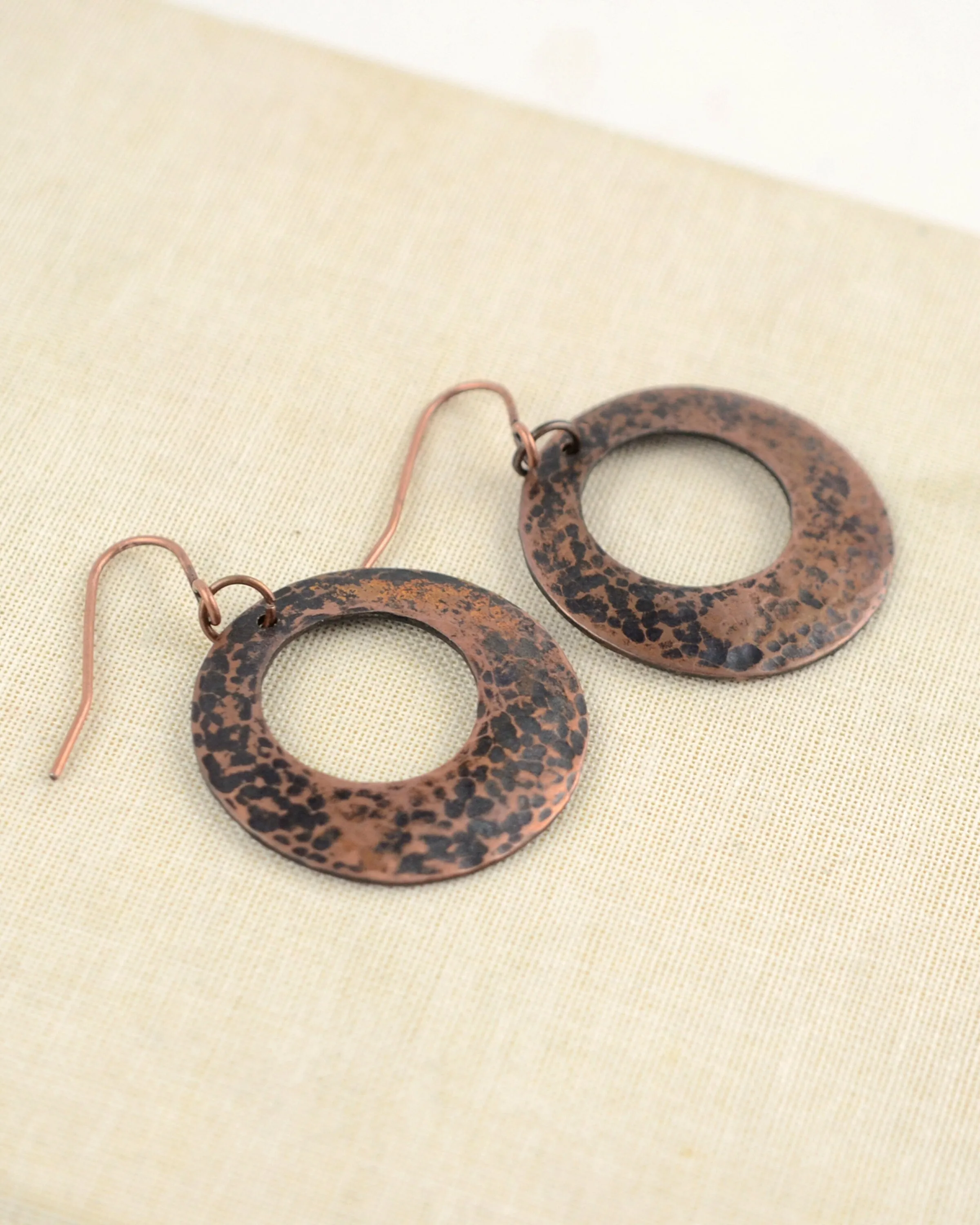 Hammered antique copper hoop earrings, romantic gift, boho copper anniversary