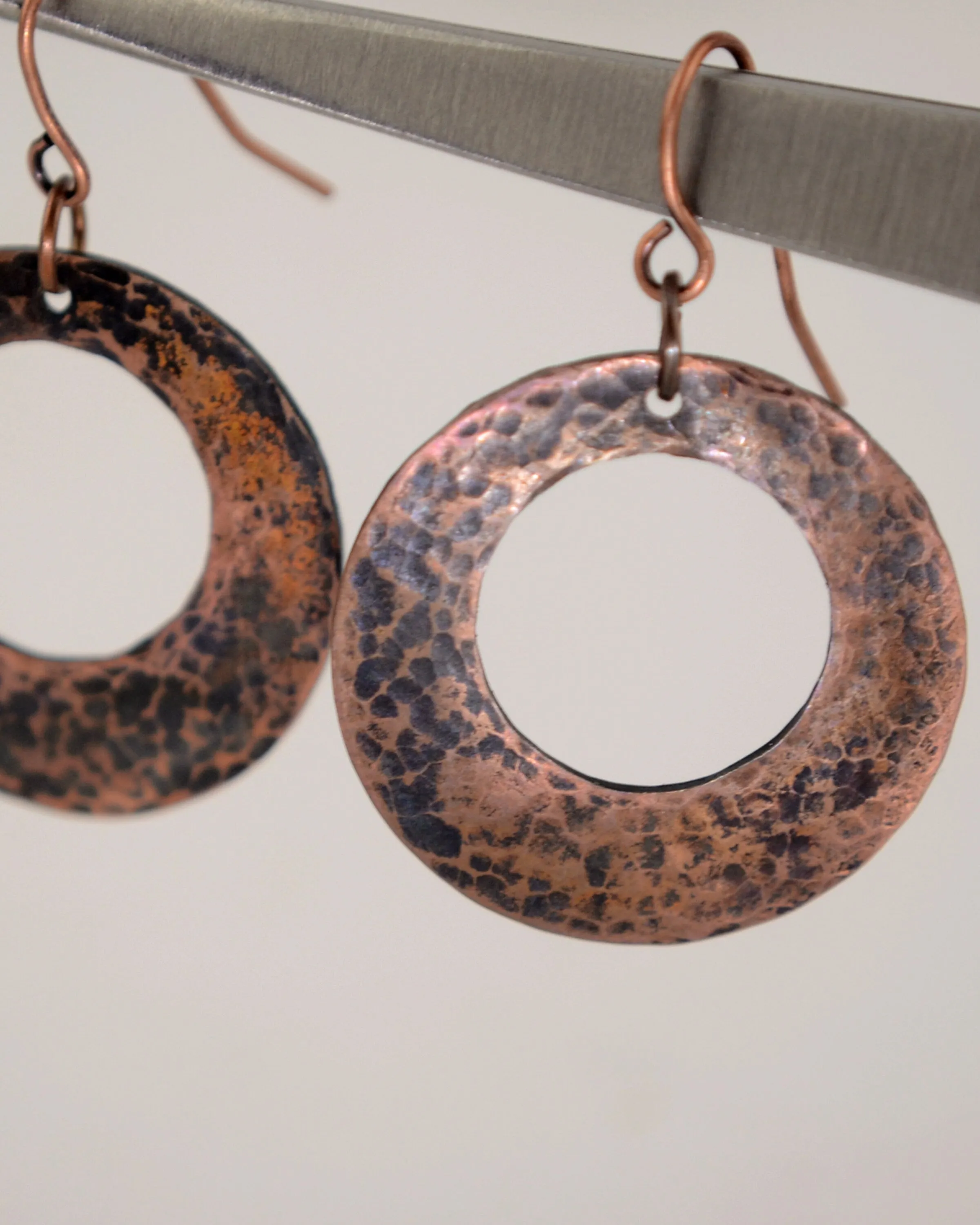 Hammered antique copper hoop earrings, romantic gift, boho copper anniversary
