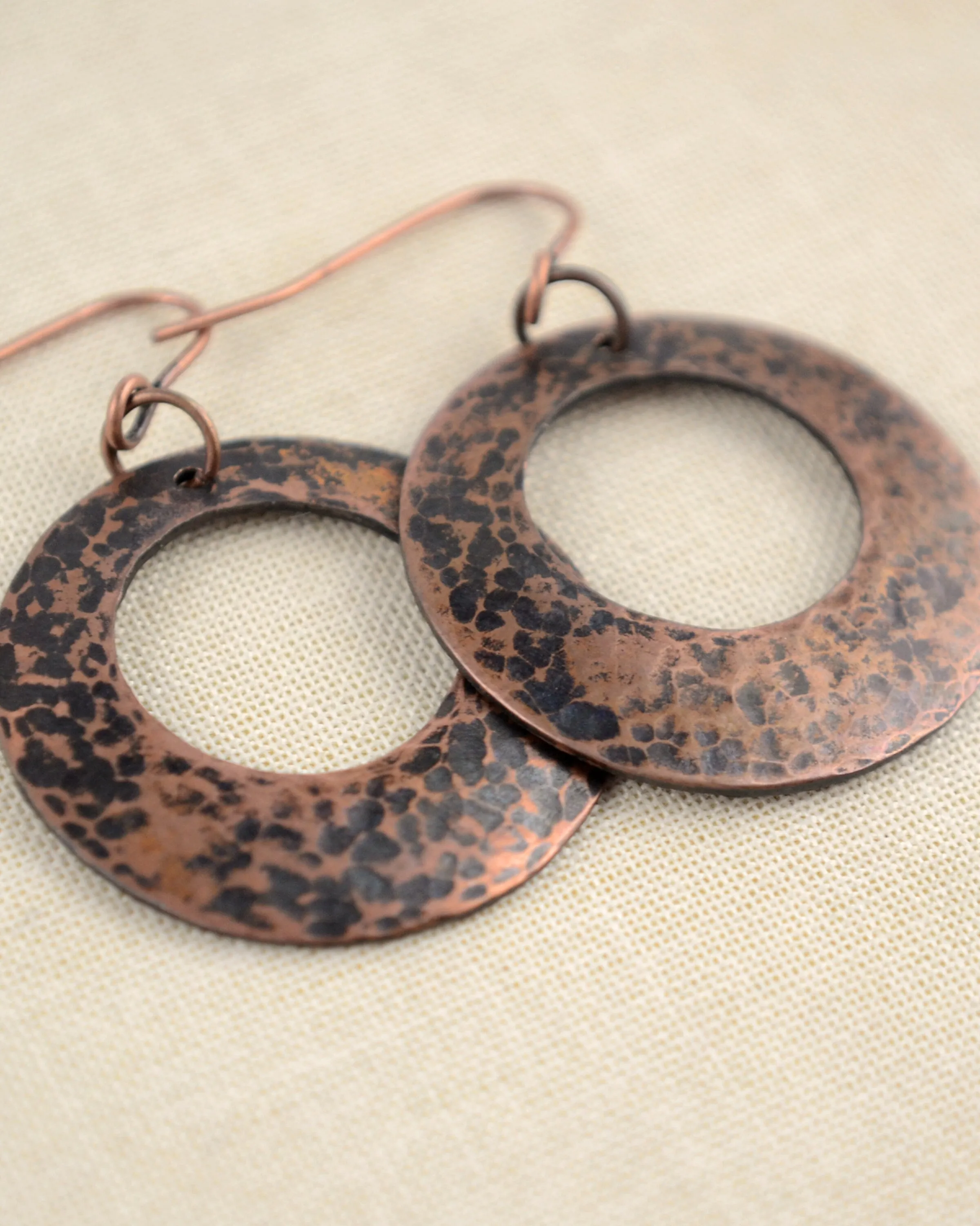Hammered antique copper hoop earrings, romantic gift, boho copper anniversary