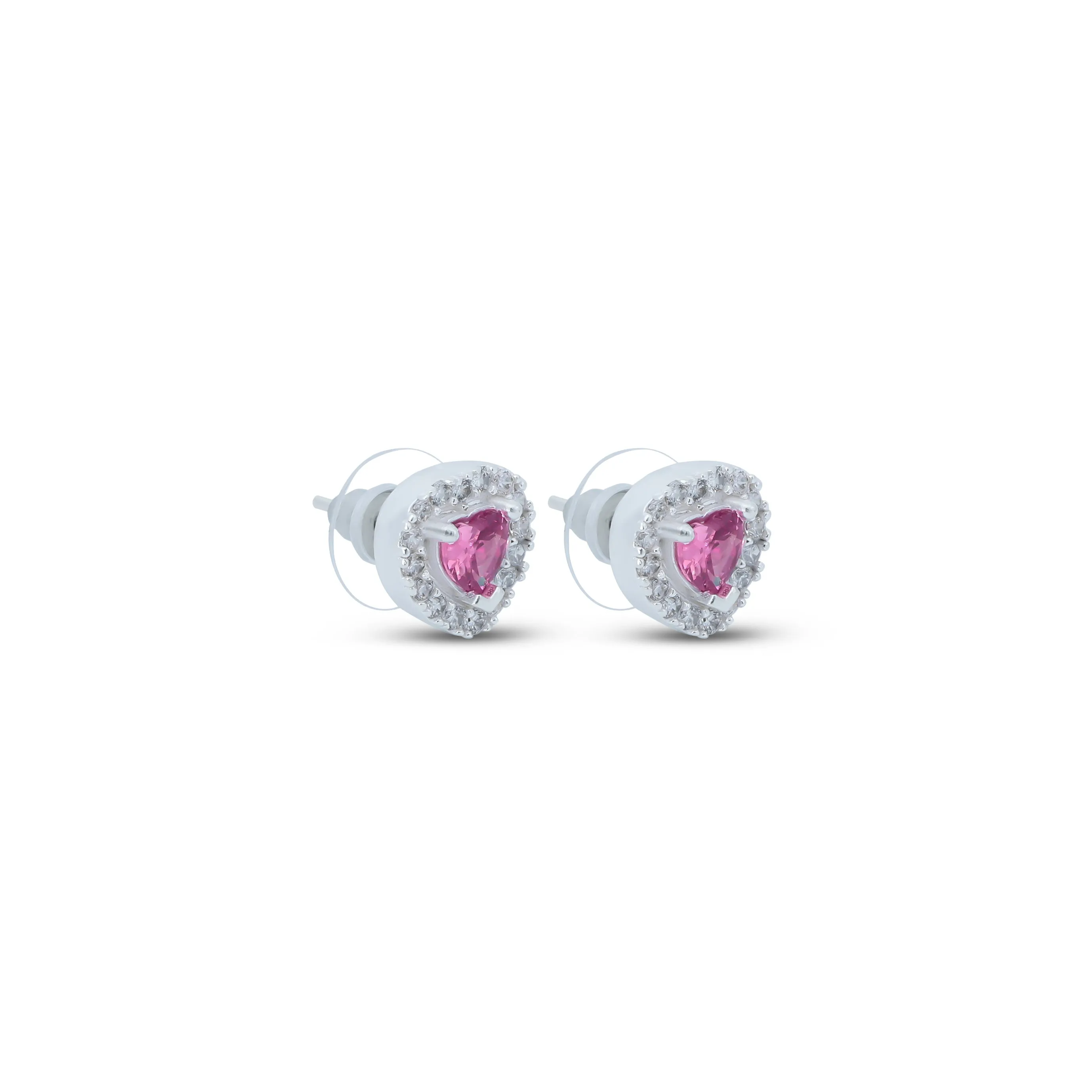 Heart-Shaped Earrings With Pink Gemstones And Smaller Surrounding Gems.
