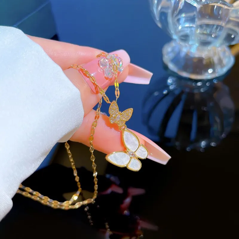 Korean Fashion Shell Double Butterfly Pendant Women Necklaces
