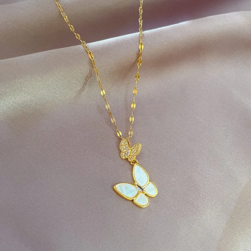 Korean Fashion Shell Double Butterfly Pendant Women Necklaces
