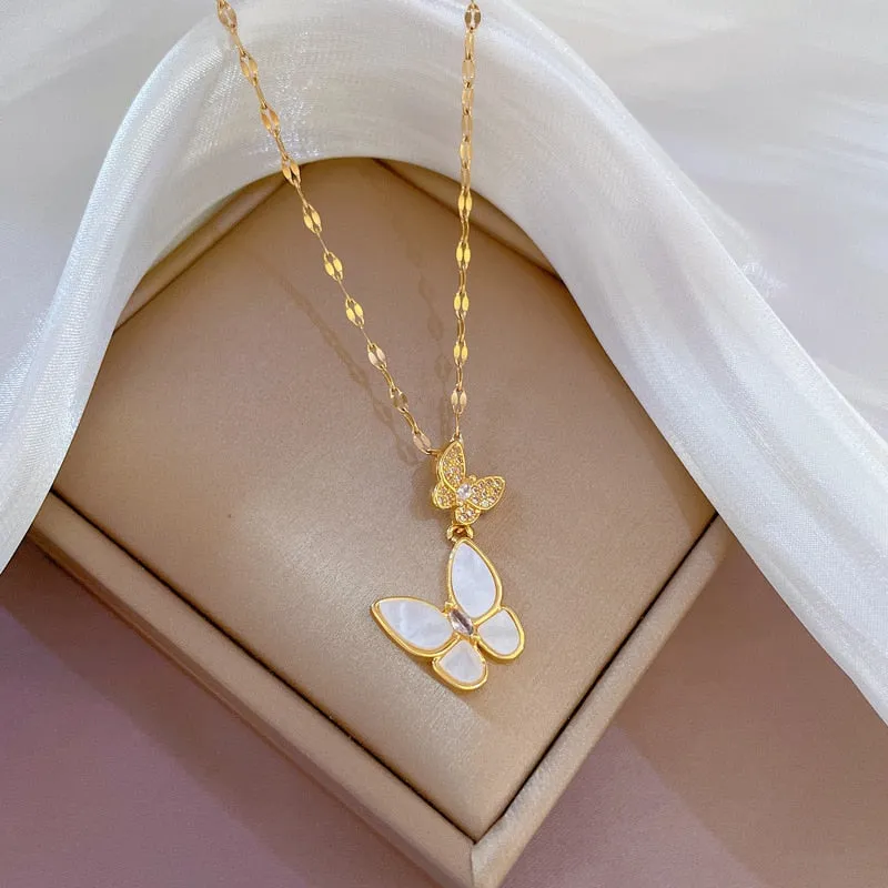 Korean Fashion Shell Double Butterfly Pendant Women Necklaces