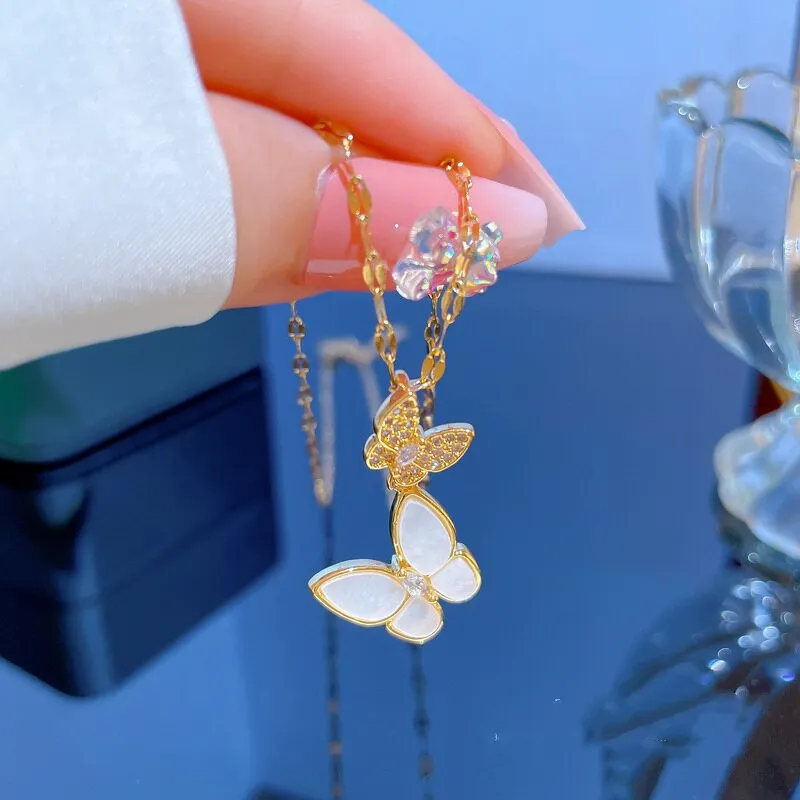 Korean Fashion Shell Double Butterfly Pendant Women Necklaces