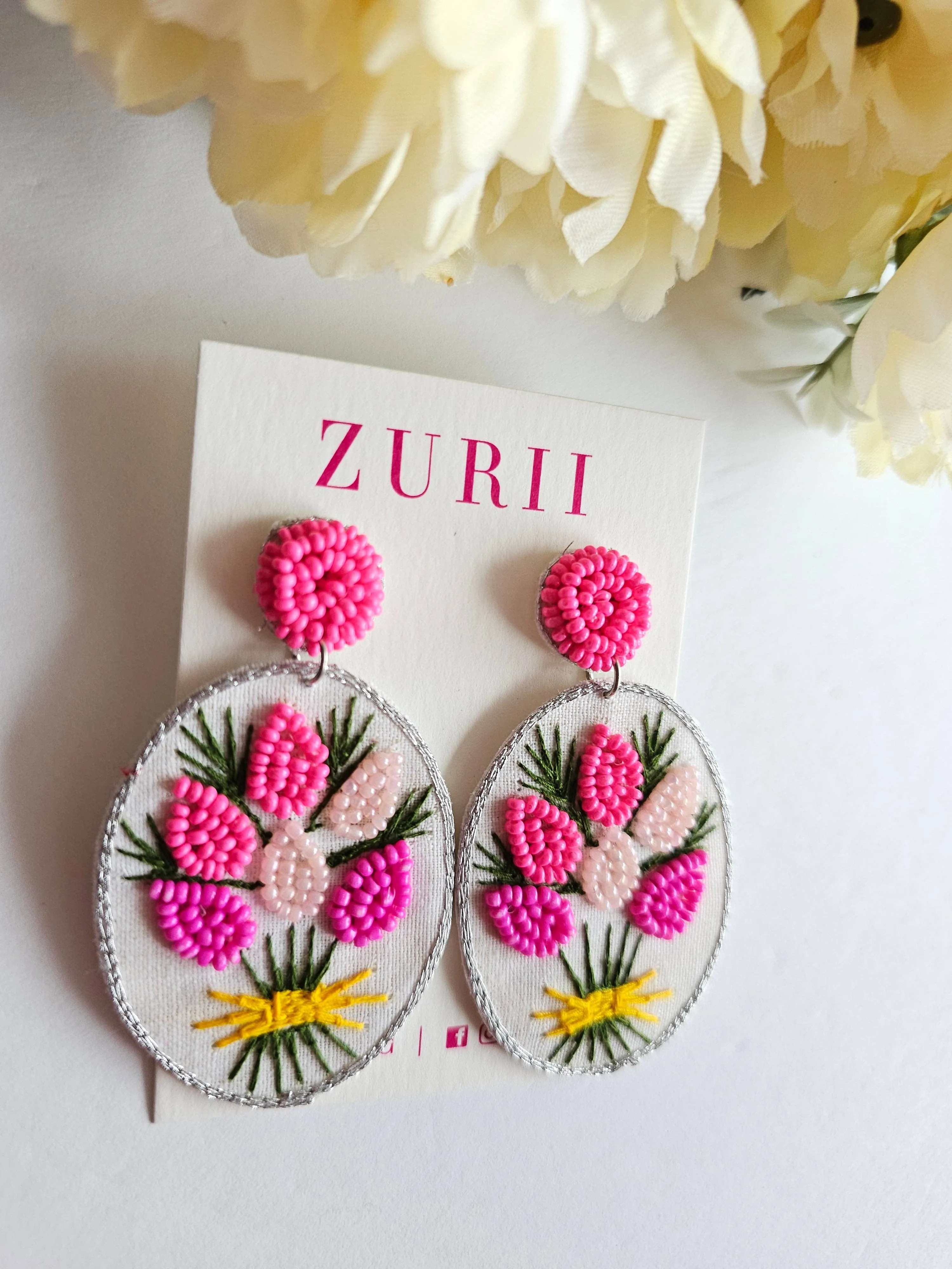 Lavender Pink embroidered Earrings- Pink