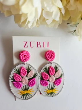 Lavender Pink embroidered Earrings- Pink