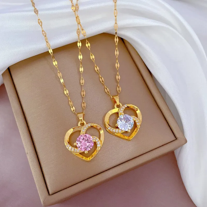 Luxury Fashion Heart Flower Necklace with Cubic Zirconia Simple Elegant Female Accessories