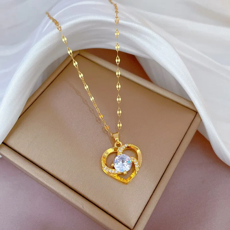 Luxury Fashion Heart Flower Necklace with Cubic Zirconia Simple Elegant Female Accessories