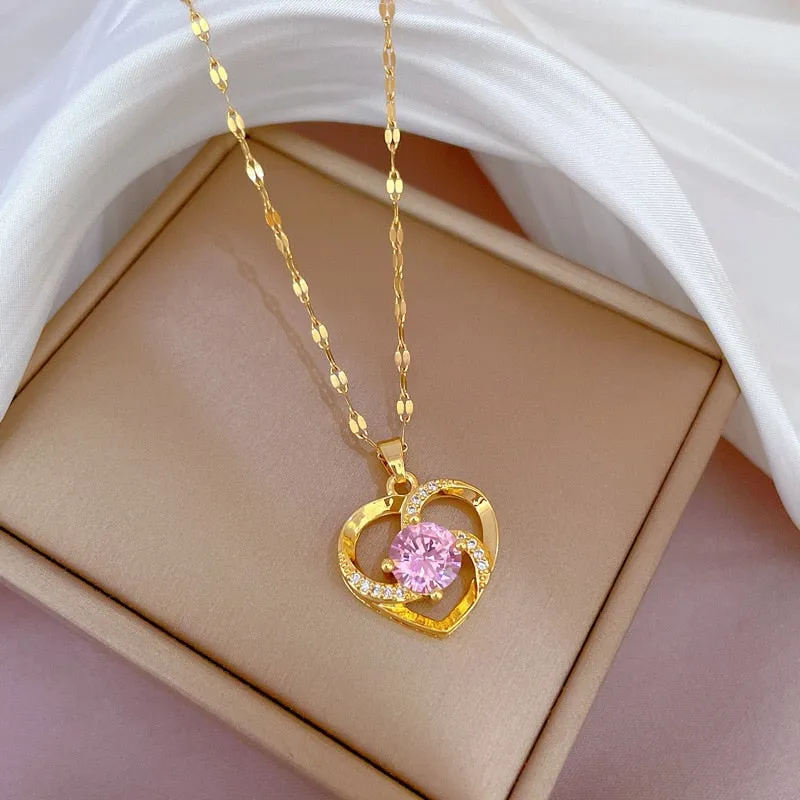 Luxury Fashion Heart Flower Necklace with Cubic Zirconia Simple Elegant Female Accessories