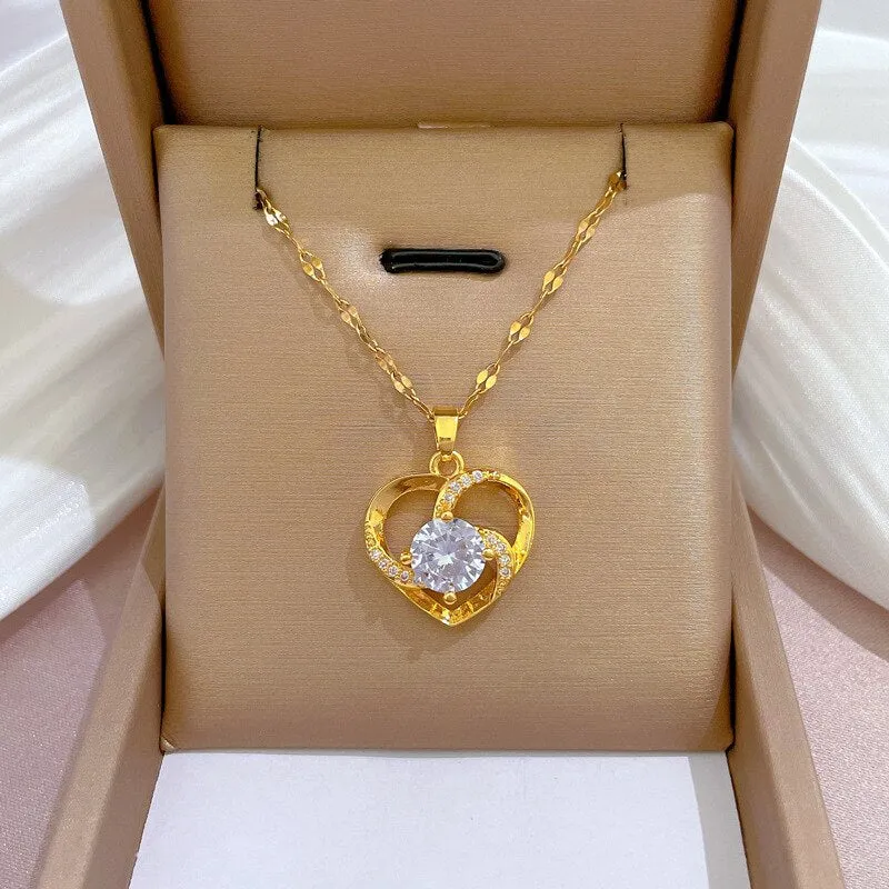 Luxury Fashion Heart Flower Necklace with Cubic Zirconia Simple Elegant Female Accessories