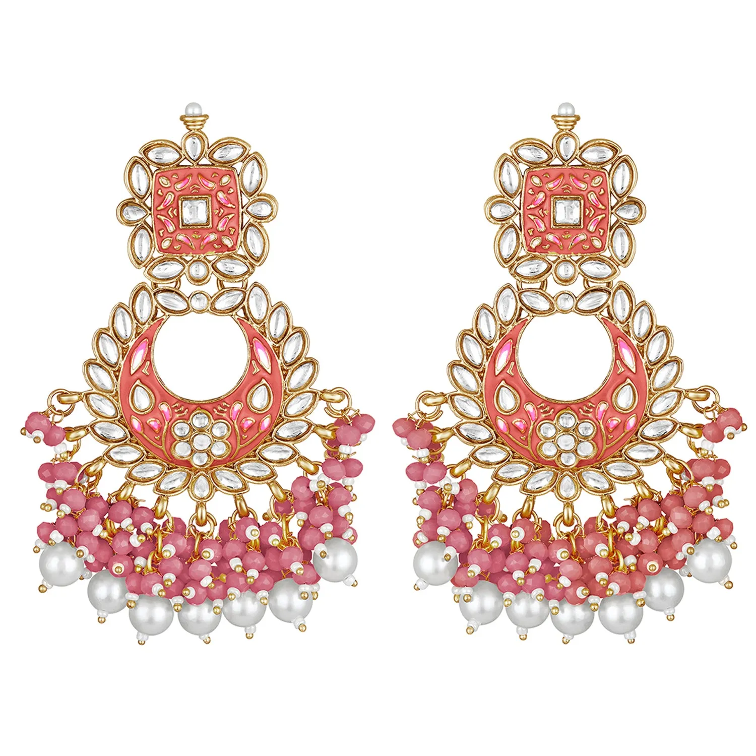 Maroon Meenakari Work Floral Chandbali Traditional Dangler Earrings with Crystals and Beads