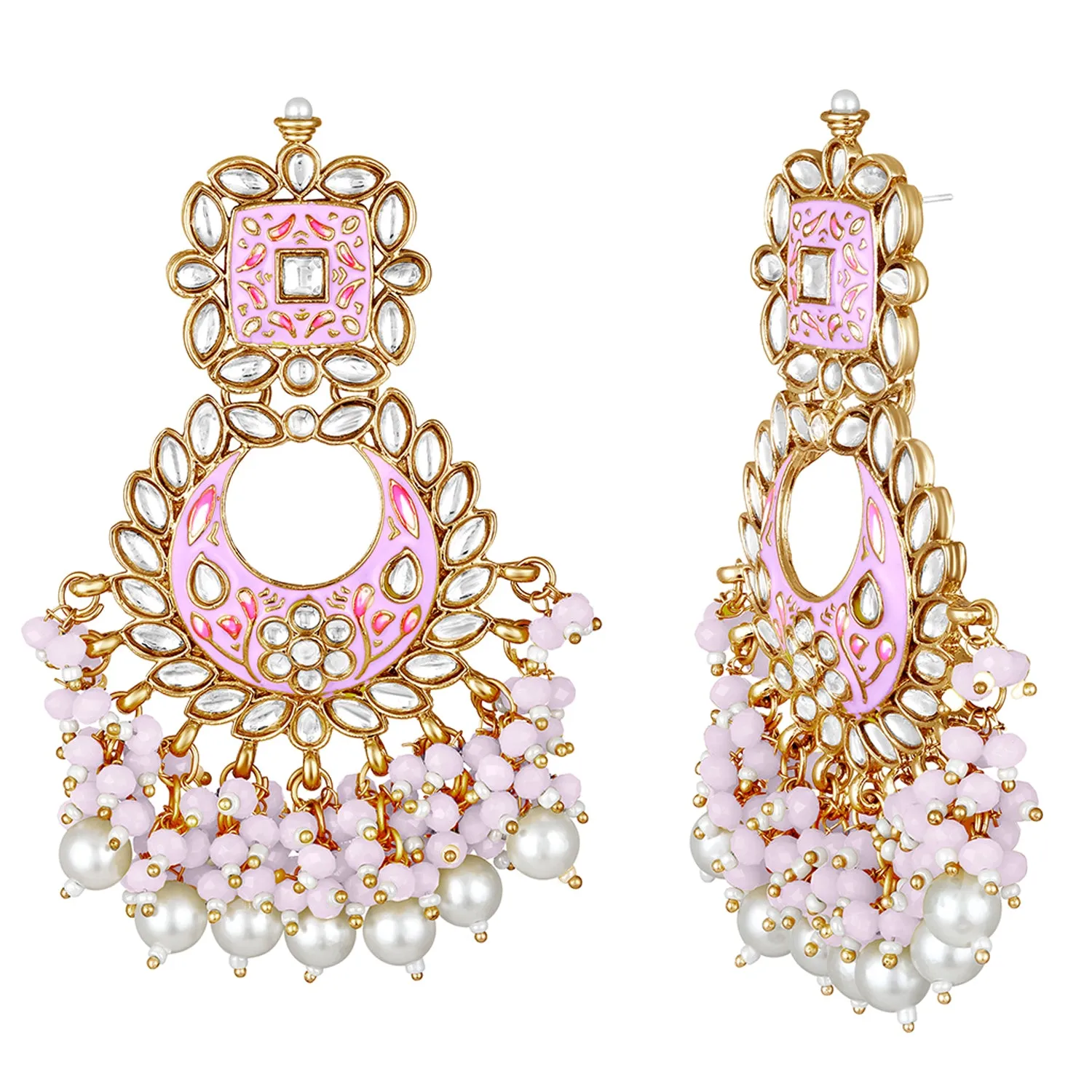 Maroon Meenakari Work Floral Chandbali Traditional Dangler Earrings with Crystals and Beads