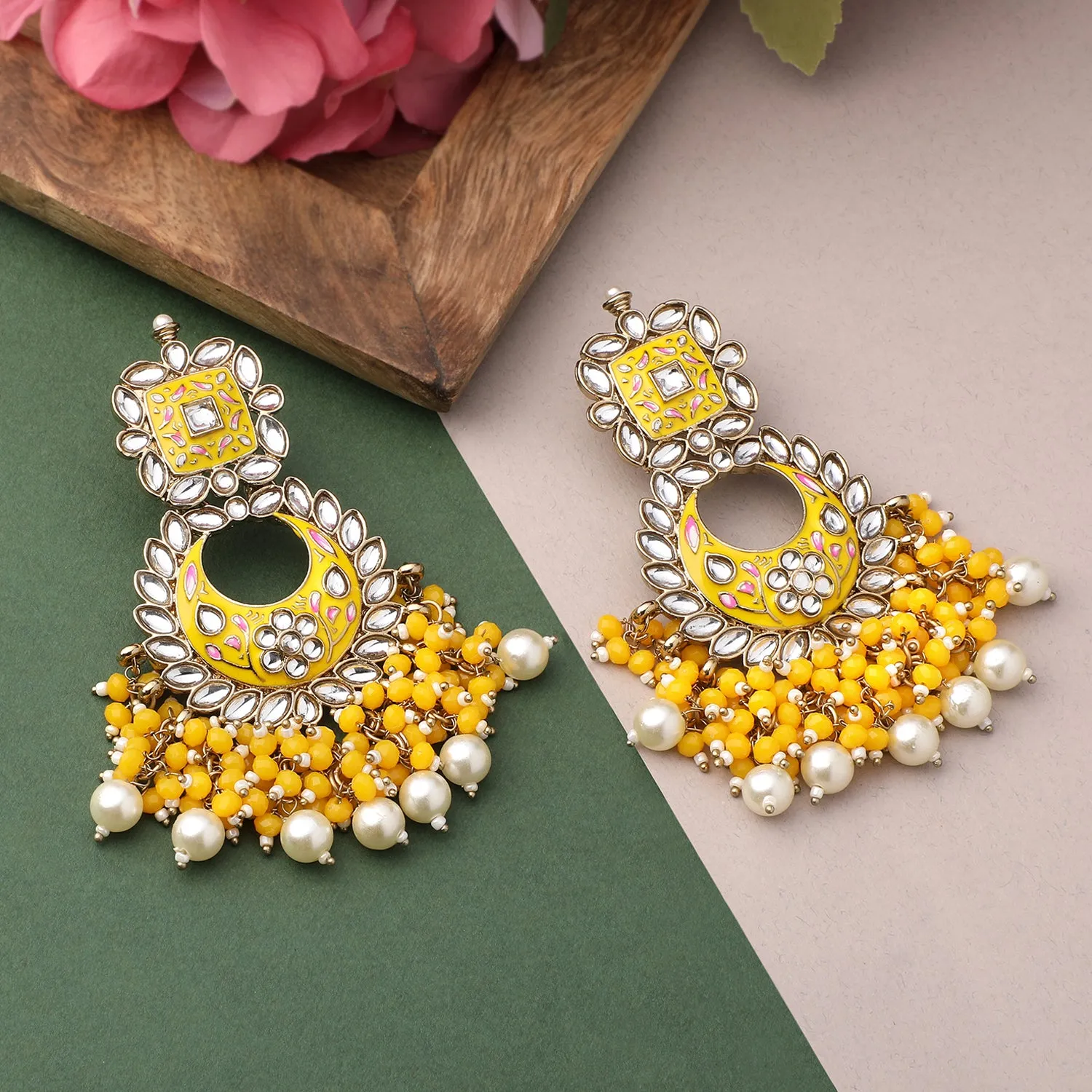 Maroon Meenakari Work Floral Chandbali Traditional Dangler Earrings with Crystals and Beads