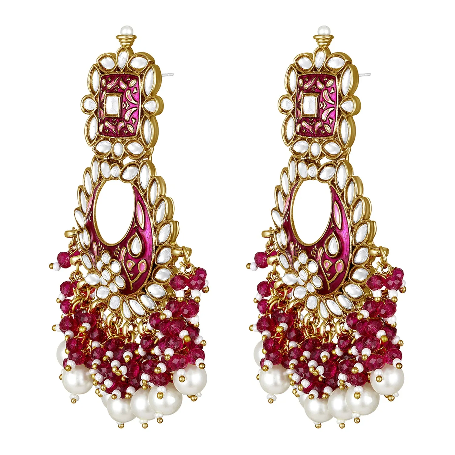 Maroon Meenakari Work Floral Chandbali Traditional Dangler Earrings with Crystals and Beads