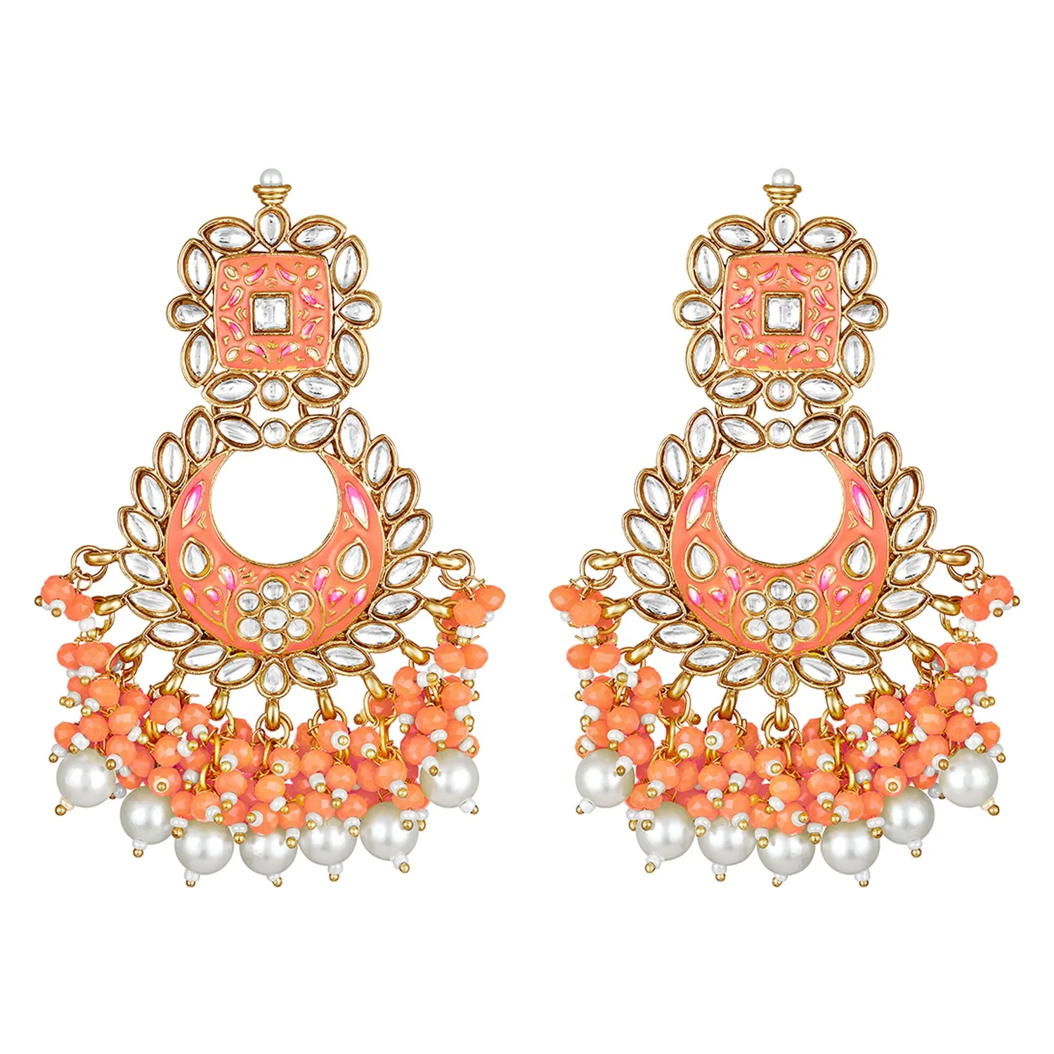 Maroon Meenakari Work Floral Chandbali Traditional Dangler Earrings with Crystals and Beads