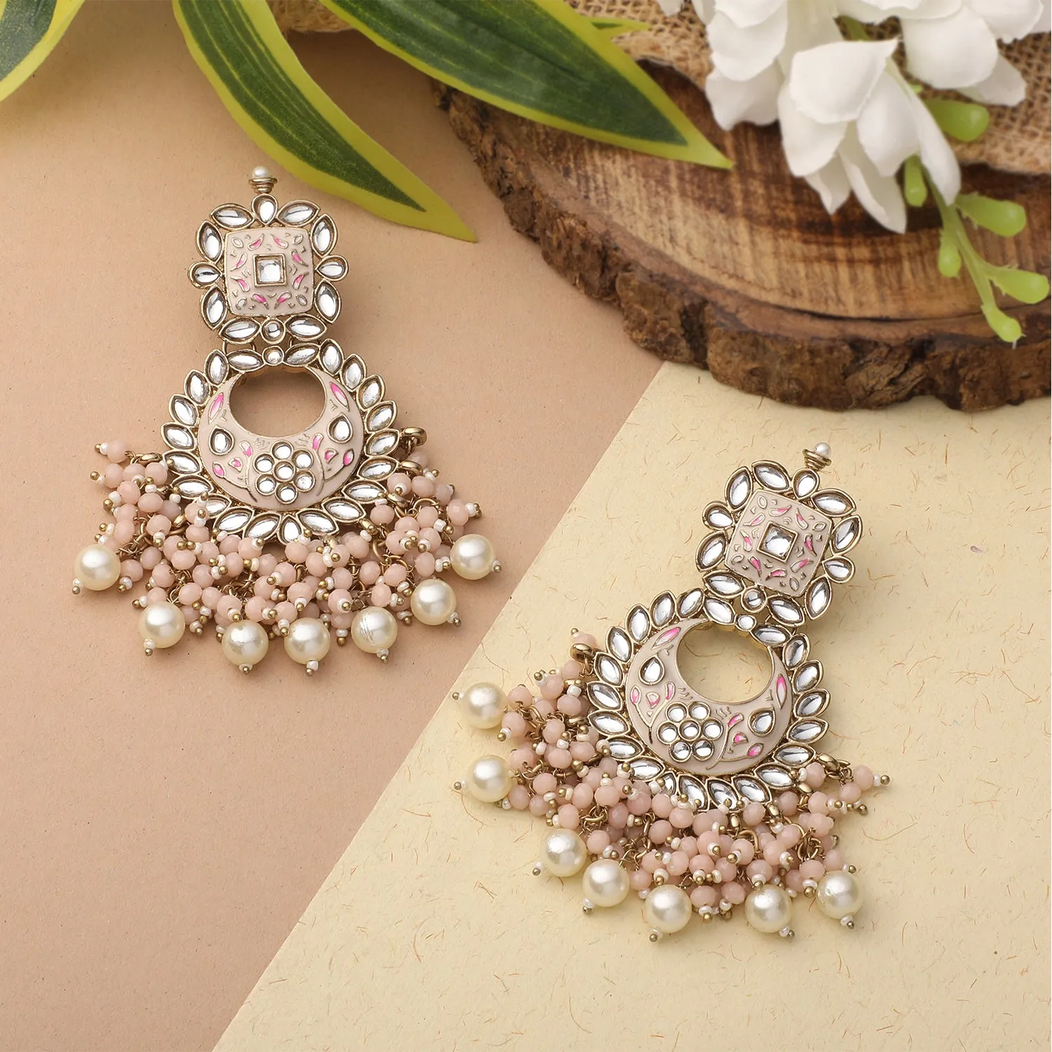 Maroon Meenakari Work Floral Chandbali Traditional Dangler Earrings with Crystals and Beads