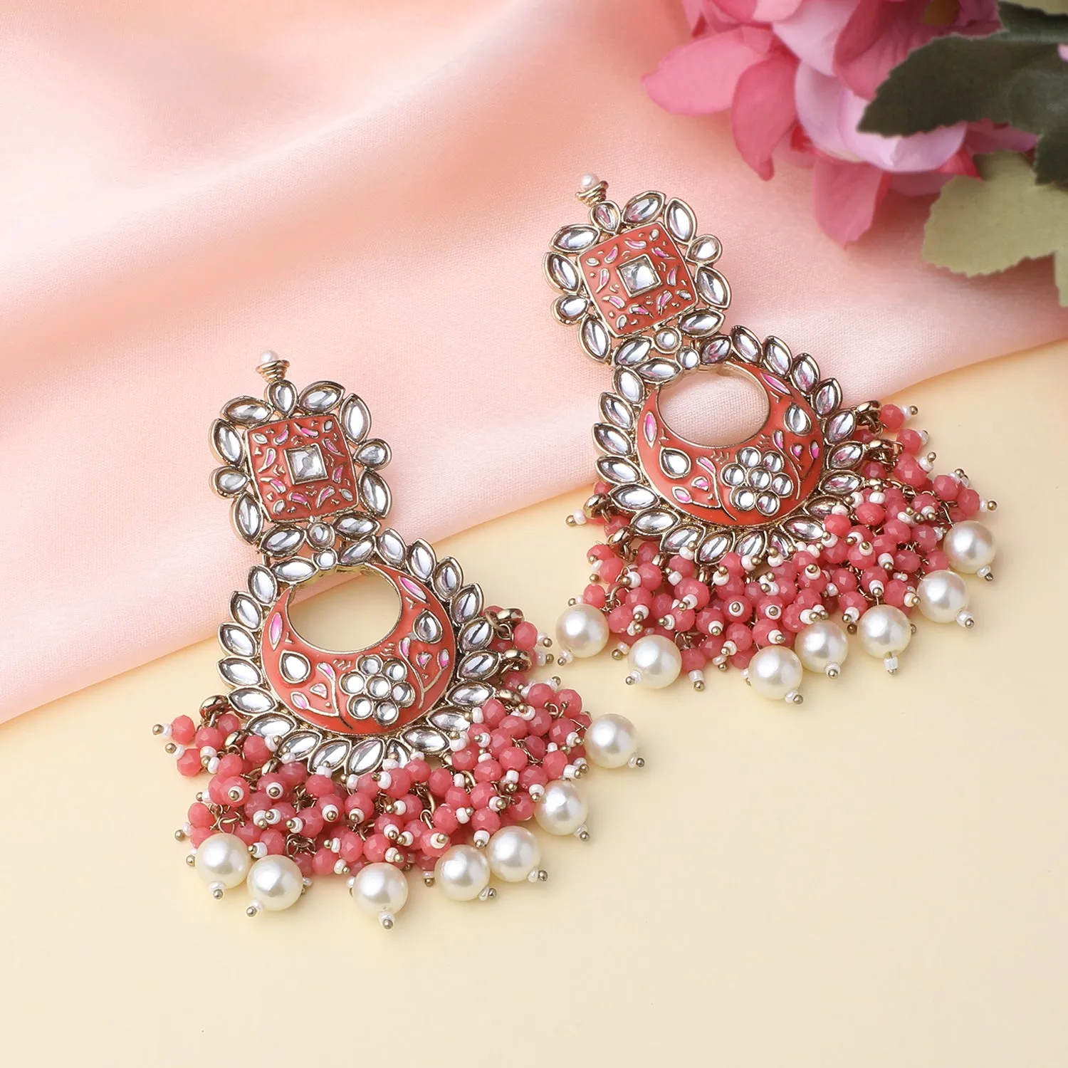 Maroon Meenakari Work Floral Chandbali Traditional Dangler Earrings with Crystals and Beads