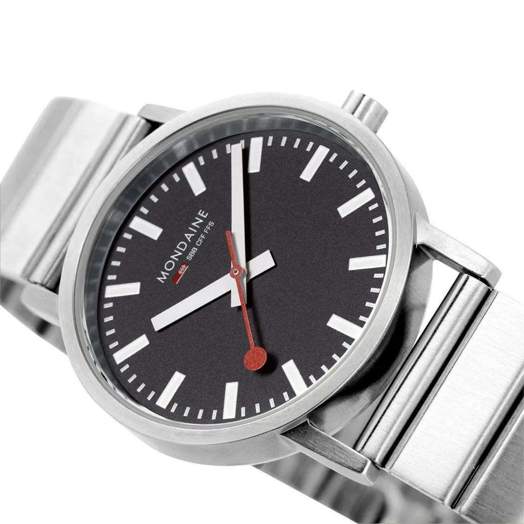 MONDAINE CLASSIC  SILVER BRUSHED BLACK DIAL WATCH WITH BRACELET STRAP A660.30314.16SBW