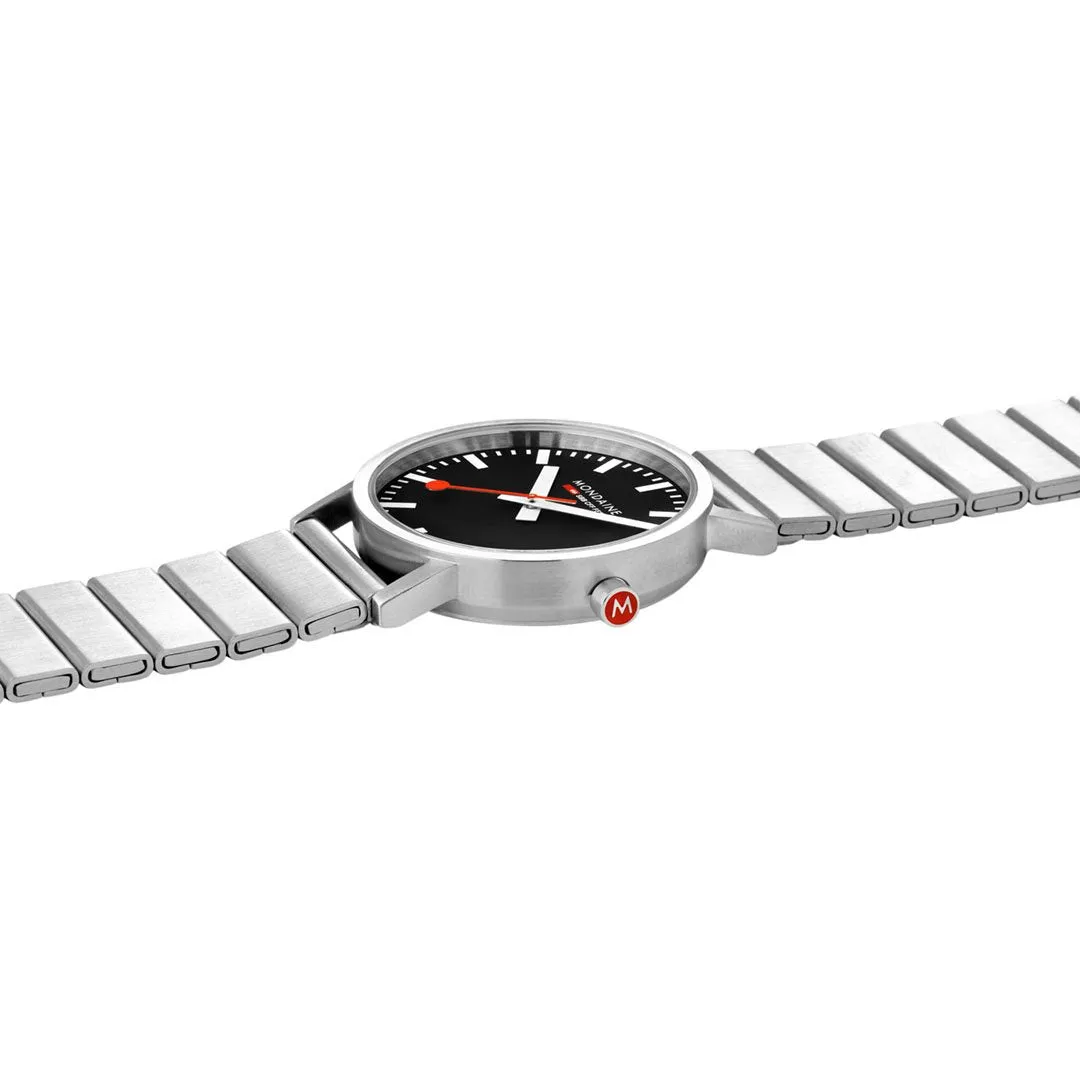 MONDAINE CLASSIC  SILVER BRUSHED BLACK DIAL WATCH WITH BRACELET STRAP A660.30314.16SBW