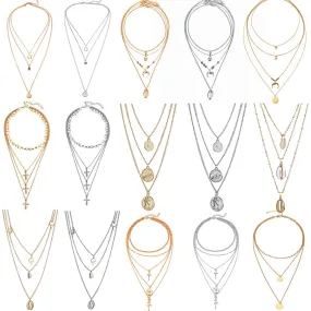 Multilayer Necklaces 18 Different Styles Choose Gold Or Silver Three Four Or Five Tiered Moon Stars Cross   Minimalist Gold Bar Cowrie Shells Coin Wishbone Palm Trees