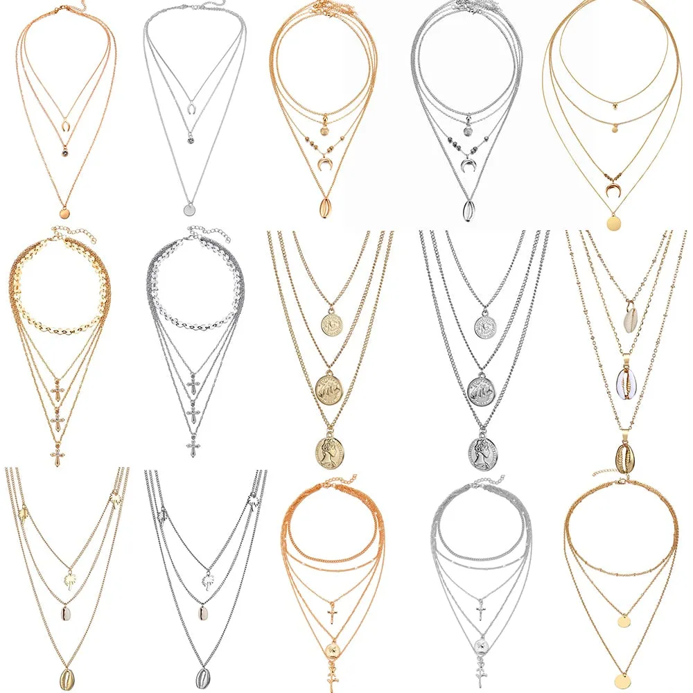 Multilayer Necklaces 18 Different Styles Choose Gold Or Silver Three Four Or Five Tiered Moon Stars Cross   Minimalist Gold Bar Cowrie Shells Coin Wishbone Palm Trees