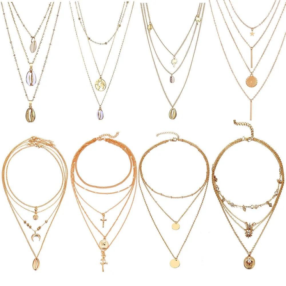 Multilayer Necklaces 18 Different Styles Choose Gold Or Silver Three Four Or Five Tiered Moon Stars Cross   Minimalist Gold Bar Cowrie Shells Coin Wishbone Palm Trees
