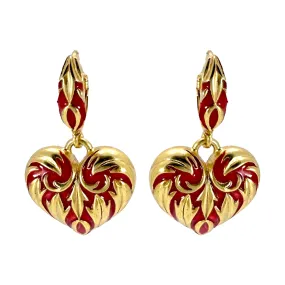 Oscar de la Renta Red Heart Romantic Enamel and Gold Plated Leverback Earrings