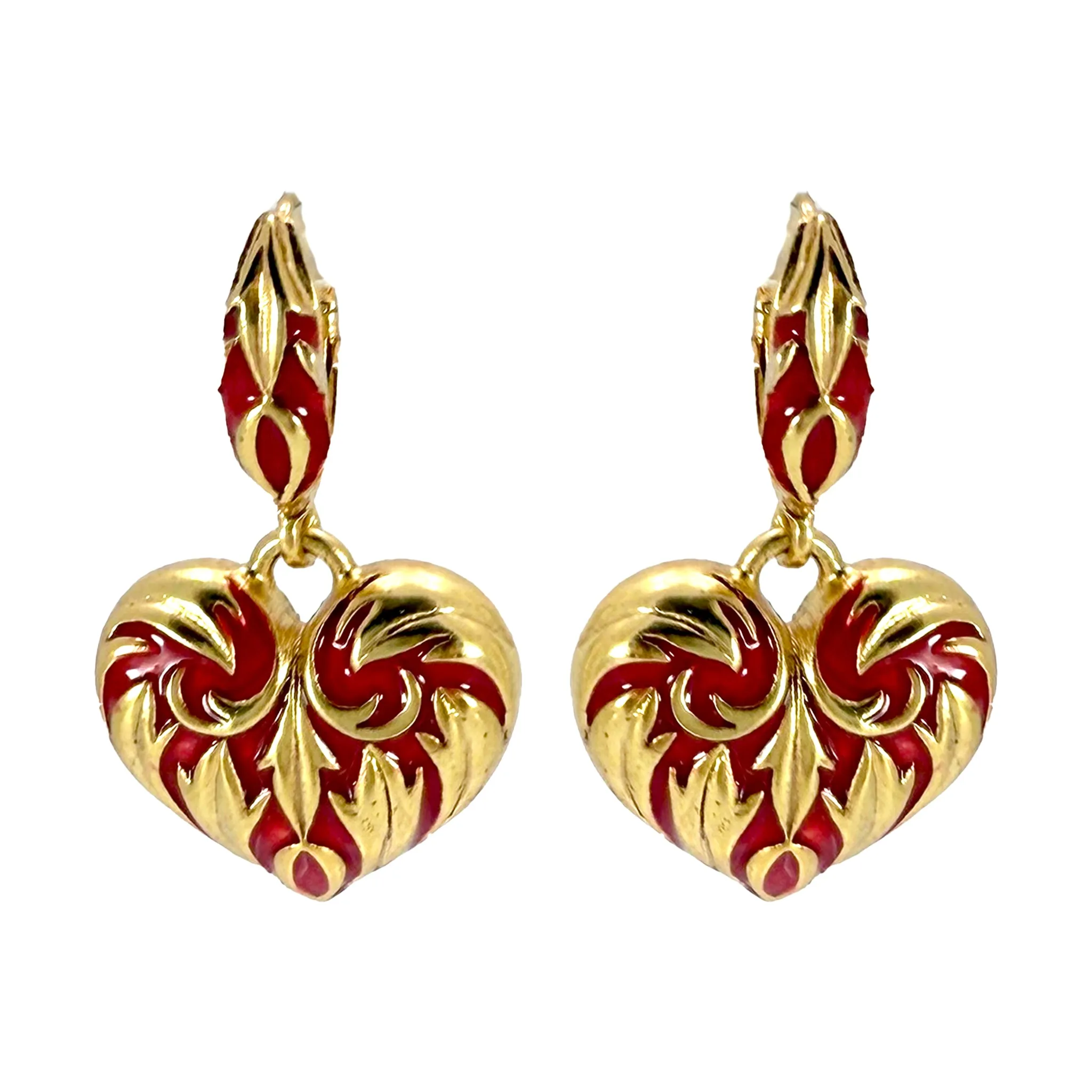 Oscar de la Renta Red Heart Romantic Enamel and Gold Plated Leverback Earrings