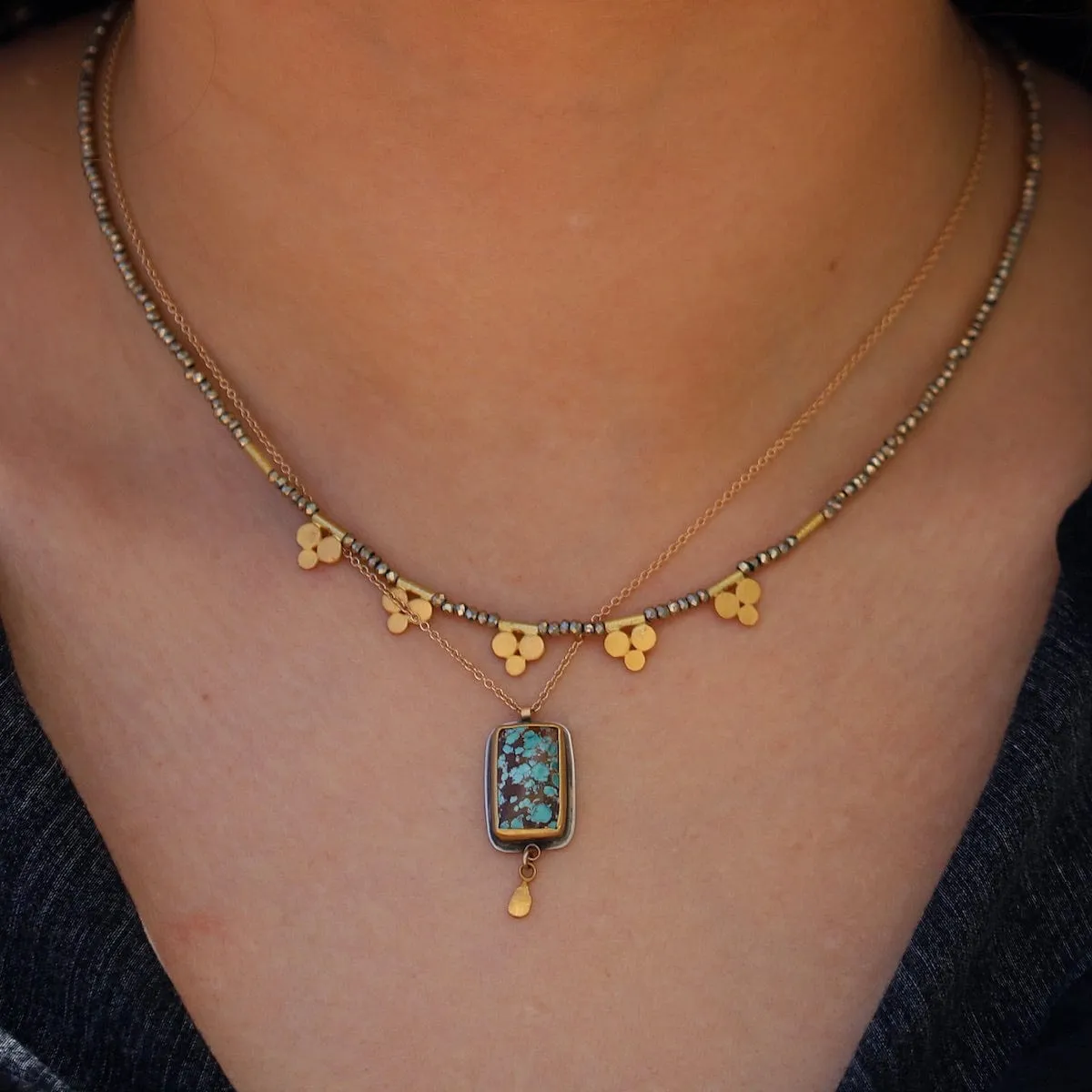 Pyrite Bead Necklace with Five 22k Trios