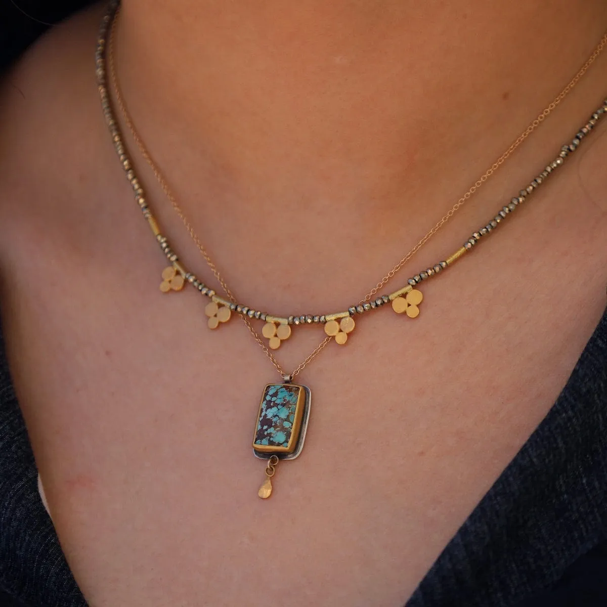 Pyrite Bead Necklace with Five 22k Trios