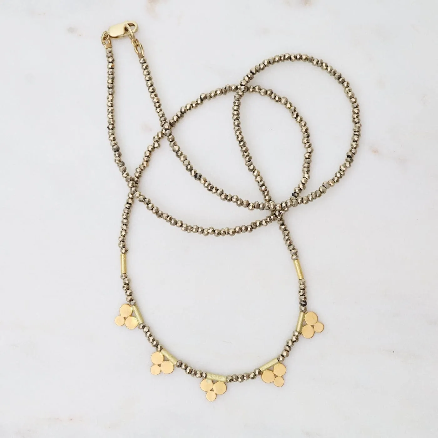 Pyrite Bead Necklace with Five 22k Trios