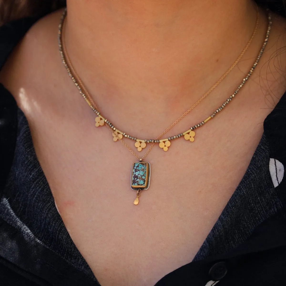 Pyrite Bead Necklace with Five 22k Trios