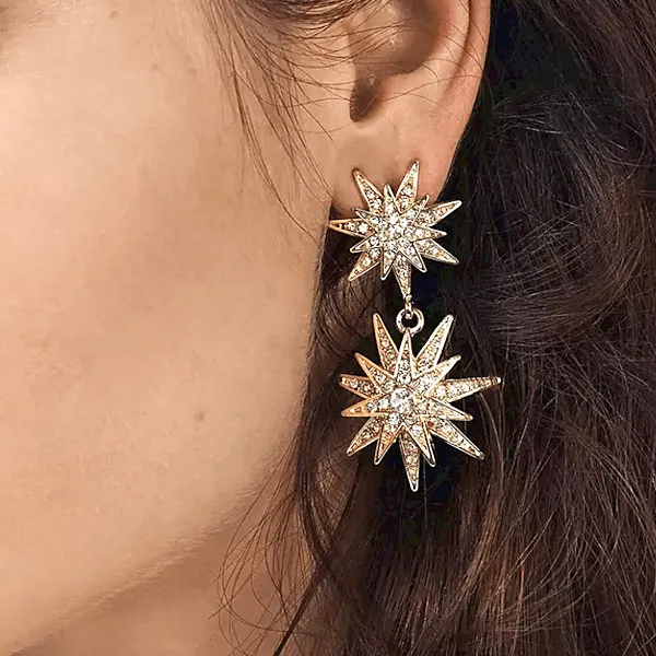 Radiant Rhinestone Double Star Dangling Earrings