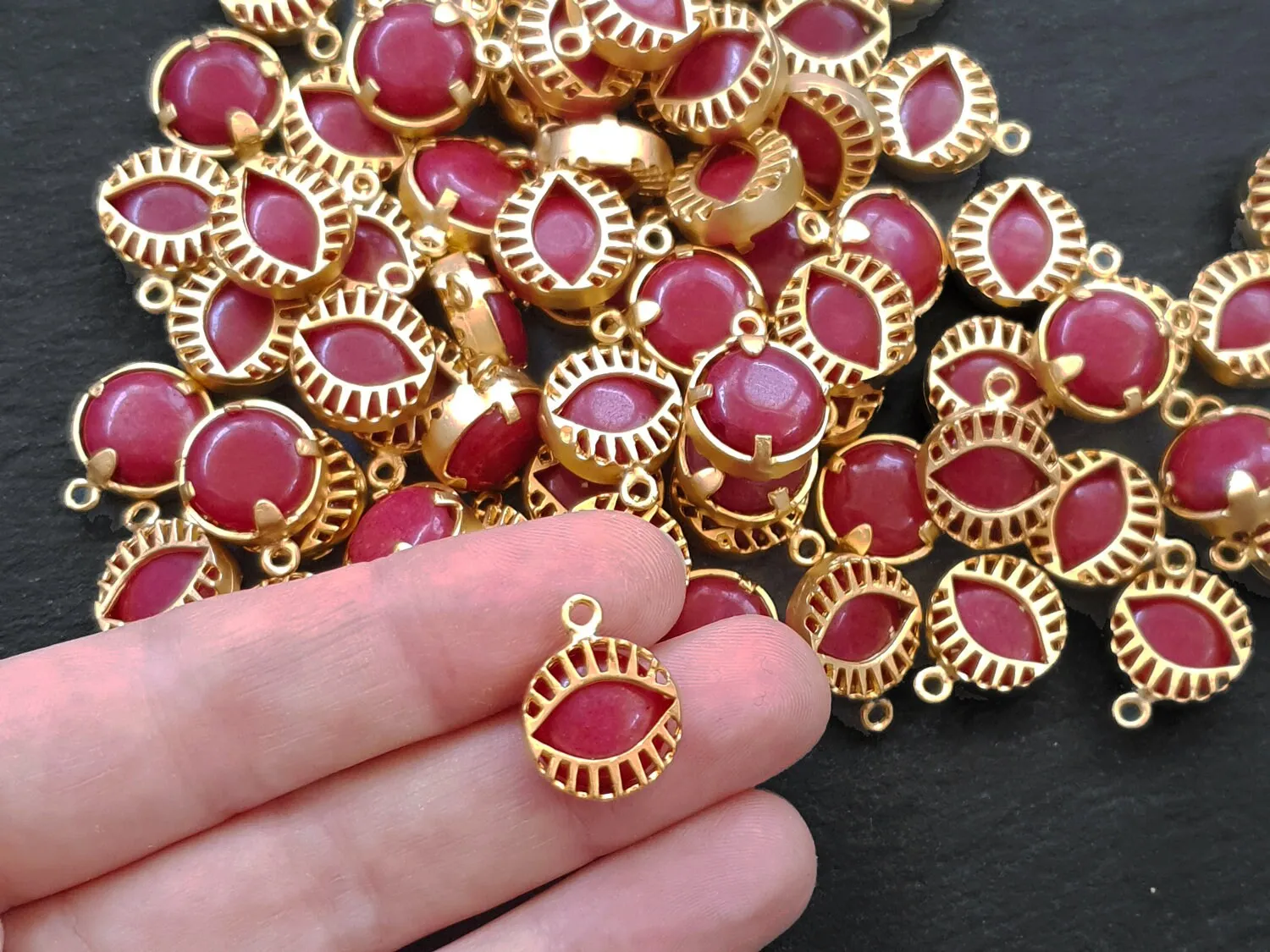 Red Evil Eye Charm, Evil Eye Pendant, Jade Stone, Caged Evil Eye, Lucky, Protective, Turkish Evil Eye, Greek Eye, Nazar, 22k Matte Gold
