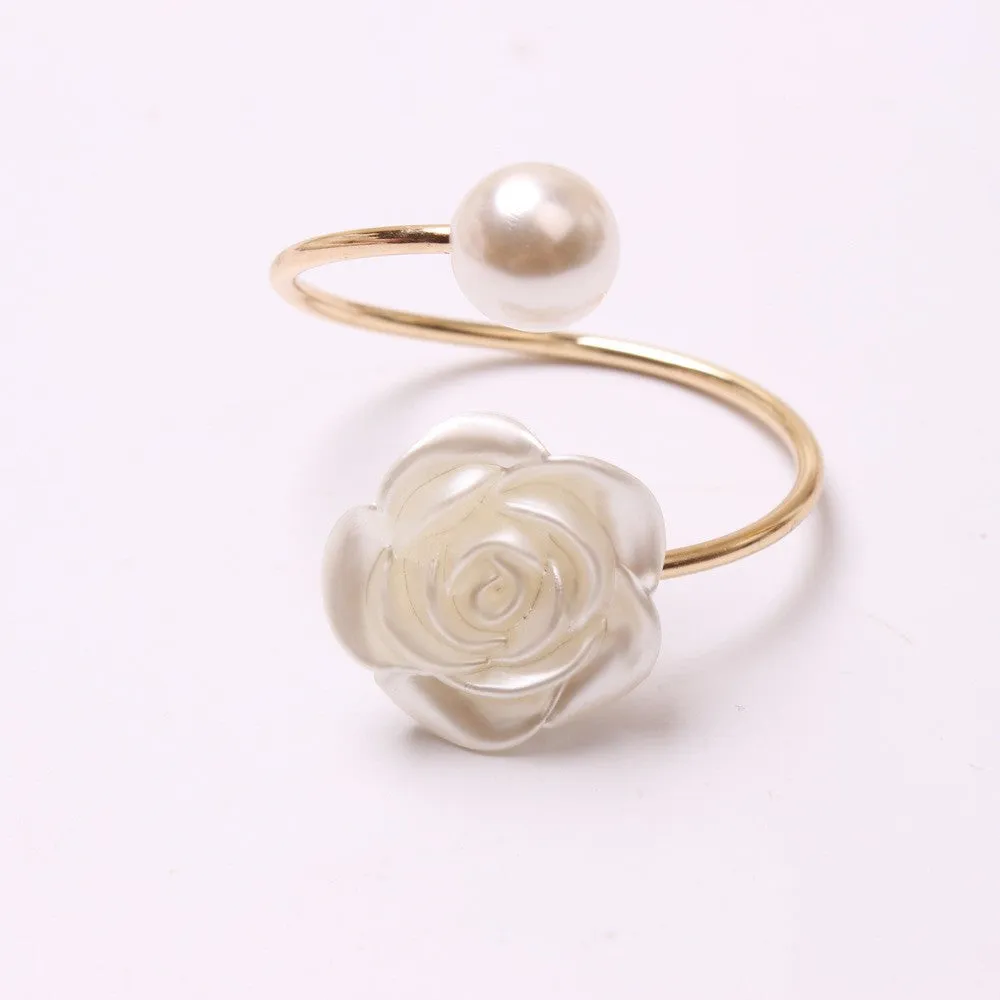 (Set of 6) Ø45mm Metal Napkin Ring Table Decoration Beads Rose Cloth Holder - White / Gold