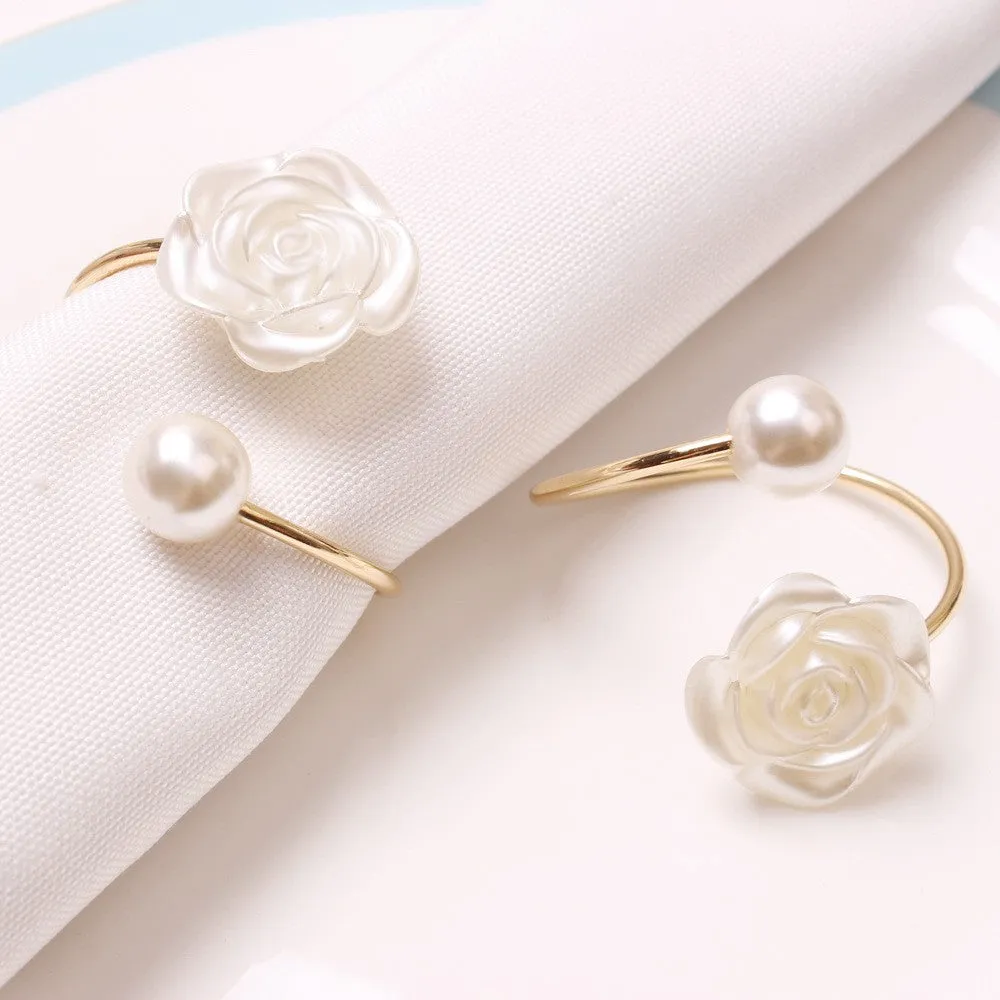 (Set of 6) Ø45mm Metal Napkin Ring Table Decoration Beads Rose Cloth Holder - White / Gold