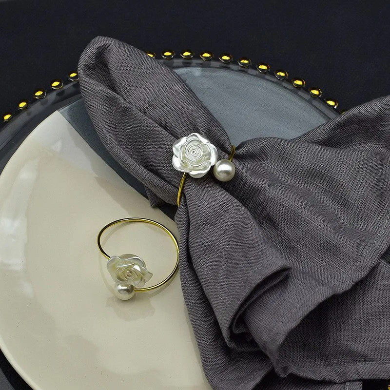 (Set of 6) Ø45mm Metal Napkin Ring Table Decoration Beads Rose Cloth Holder - White / Gold