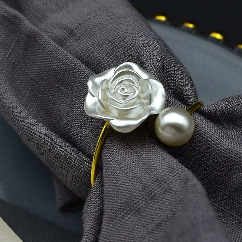 (Set of 6) Ø45mm Metal Napkin Ring Table Decoration Beads Rose Cloth Holder - White / Gold