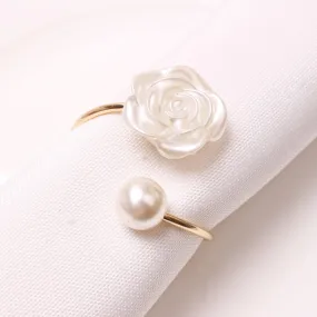 (Set of 6) Ø45mm Metal Napkin Ring Table Decoration Beads Rose Cloth Holder - White / Gold