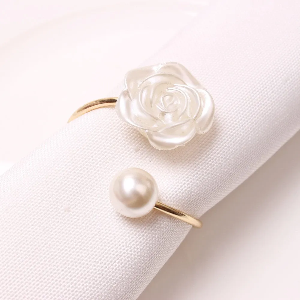 (Set of 6) Ø45mm Metal Napkin Ring Table Decoration Beads Rose Cloth Holder - White / Gold