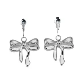 Silver Bow Clip On Dangling Earrings