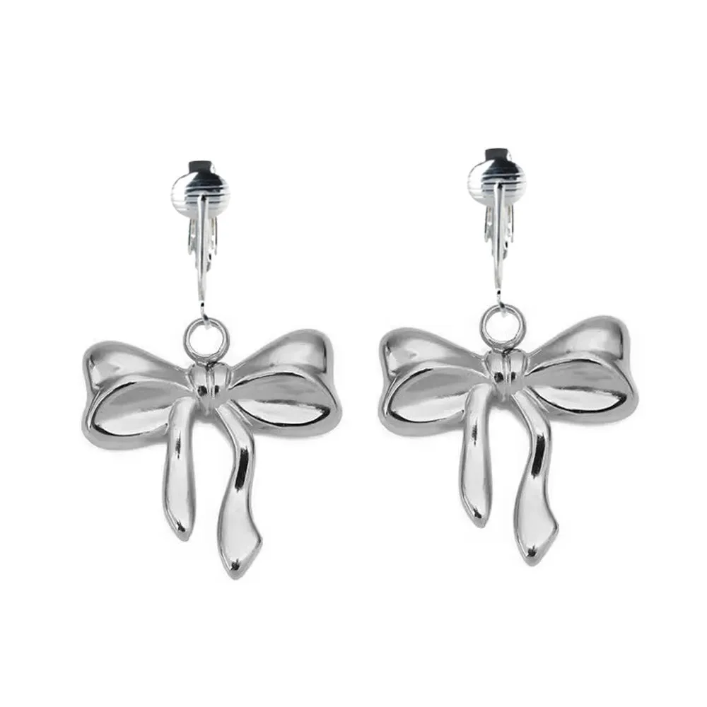 Silver Bow Clip On Dangling Earrings