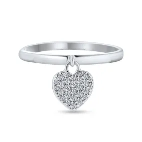 Simple Delicate Sterling Silver Ring with Pave Dangle Heart Charm
