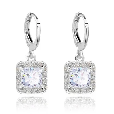 Square Style design White Gold plated CZ synthetic gemstone Drop earrings for Girls wedding Jewelry