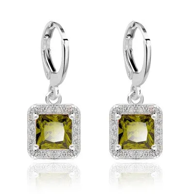Square Style design White Gold plated CZ synthetic gemstone Drop earrings for Girls wedding Jewelry