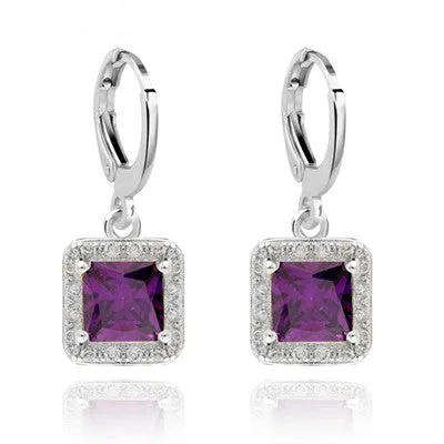 Square Style design White Gold plated CZ synthetic gemstone Drop earrings for Girls wedding Jewelry