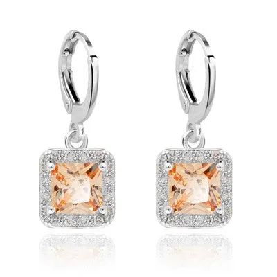 Square Style design White Gold plated CZ synthetic gemstone Drop earrings for Girls wedding Jewelry