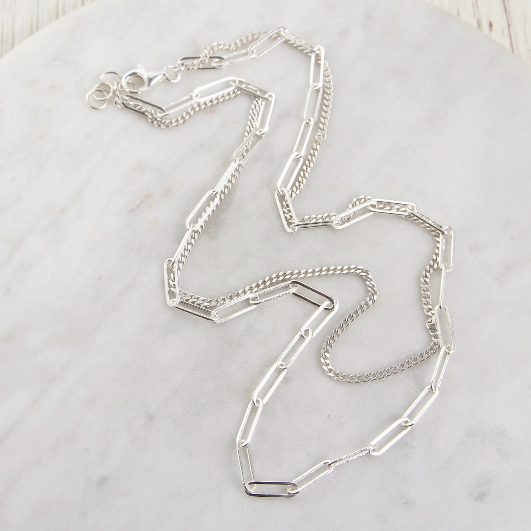 Sterling Silver Double Strand Curb & Paperclip Chain Necklace