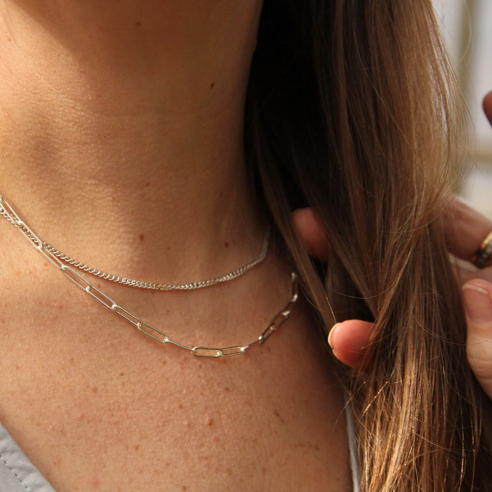 Sterling Silver Double Strand Curb & Paperclip Chain Necklace